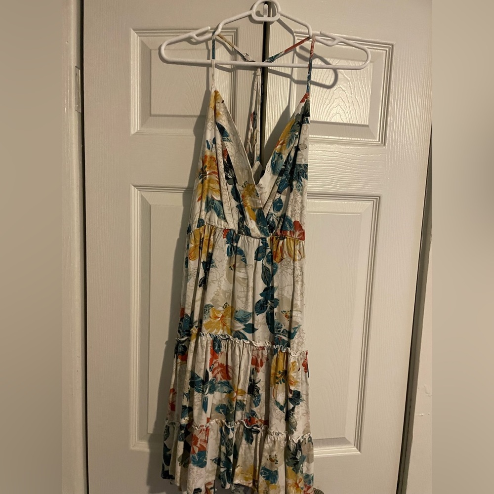Floral blue, red, yellow cream dress with spaghetti straps, detailed strap back.
